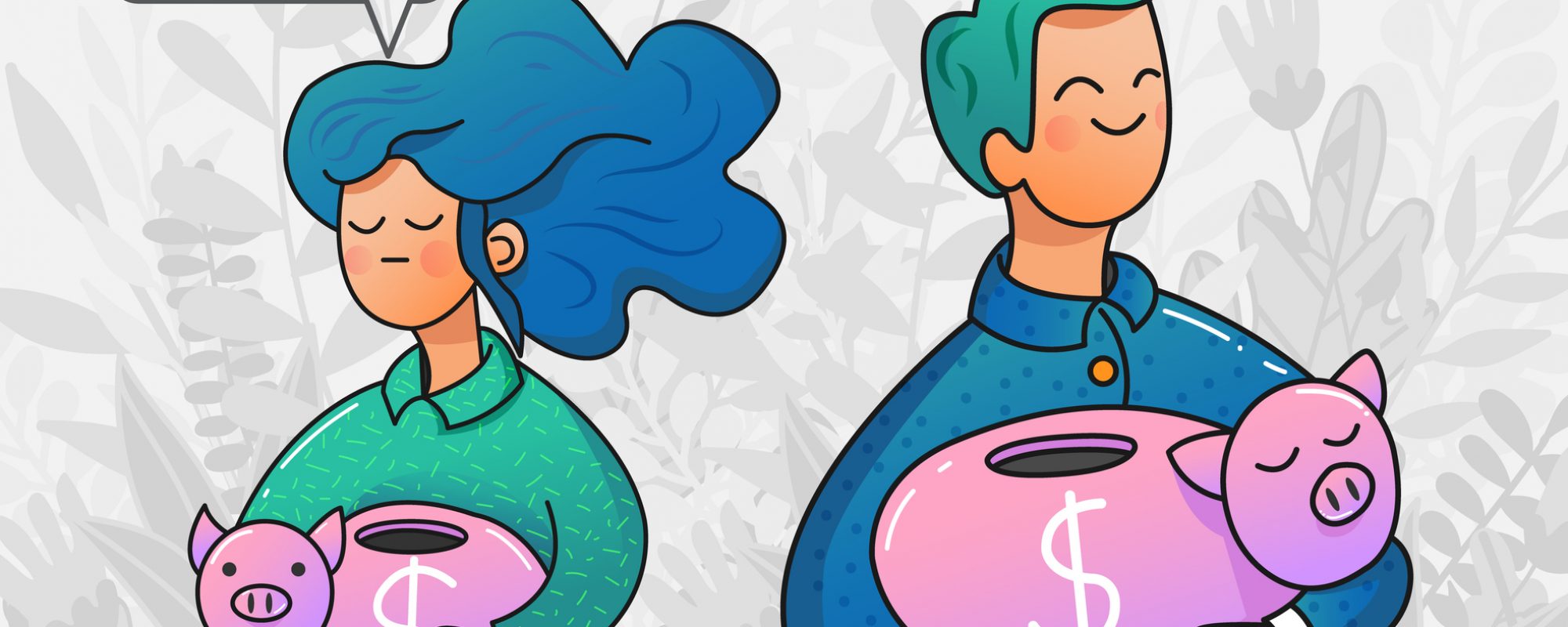 Vector young man and woman holding piggy banks of different sizes. Concept of payment inequality and wage gap. Income in speech bubble. Trendy cartoon design.
