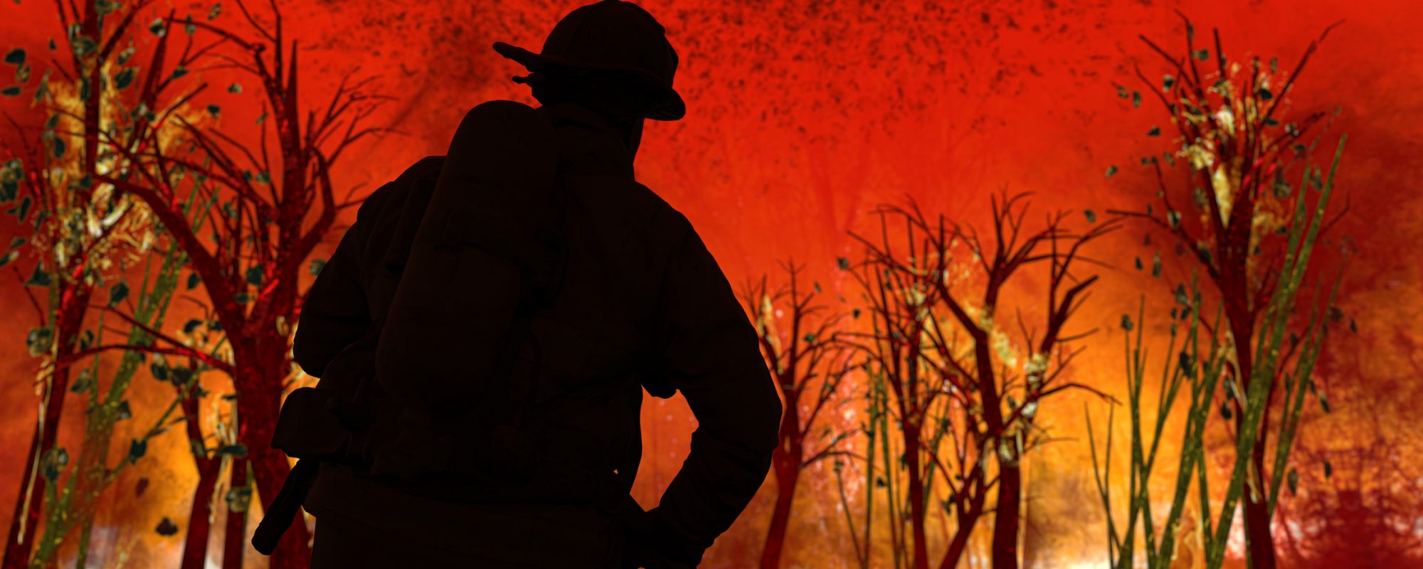Fireman is abut to fight with flames in forest in Australia ready for action 3d rendering