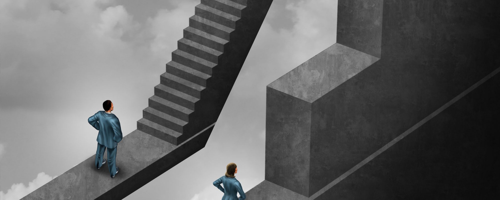 Gender discrimination and sexism inequality for being female concept as a woman with the burden of climbing a difficult obstacle and a man with easy path stairs as a 3D illustration symbol as a symbol for unfair gender bias.