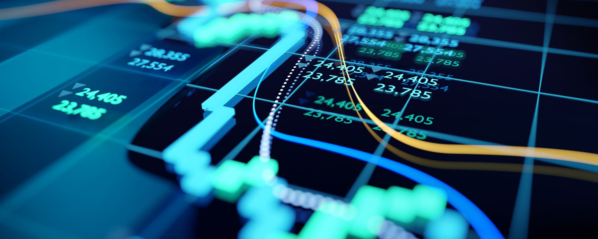 close up shot of a digital stock market tracking graph follwing a recent crash in prices. Bear market 3D illustration