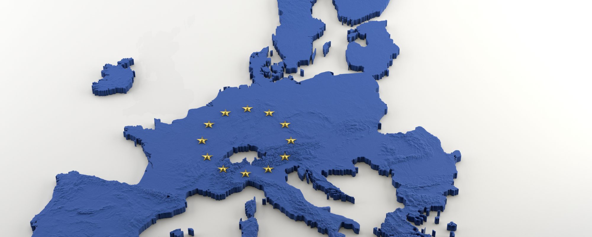 Extruded political Map of European Union with relief without United Kingdom after anticipated Brexit. Texture made of Blue EU flag with gold stars incrusted in 3D shape on a white background.