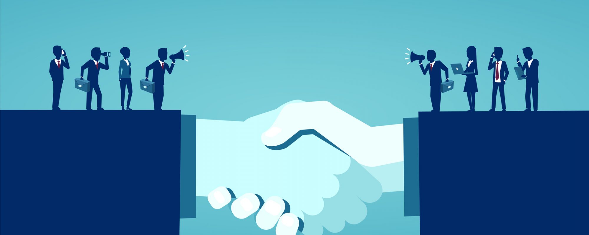 Businesss collaborations concept. Vector of businesspeople reaching an agreement after successful negotiations